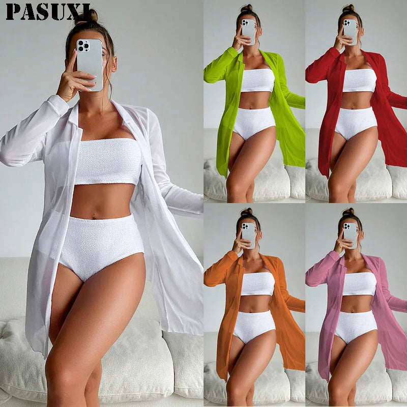 PASUXI 2026 Women Bikini Swimwear Beachwear Sexy 3 Pieces Mesh Plain Color Cover up Beachwear Custom Bikini Girls Swimsuits