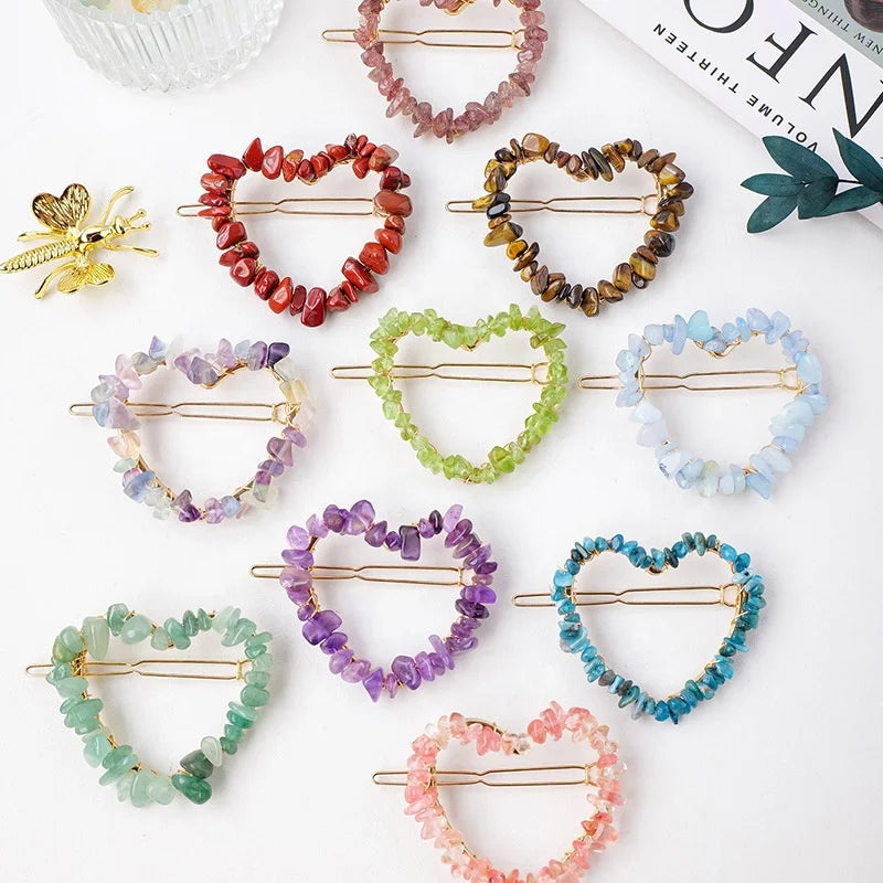 Wholesale Natural Handmade Heart Shape Hair Clips Amethyst Gravel Chips Crystal Hairpin