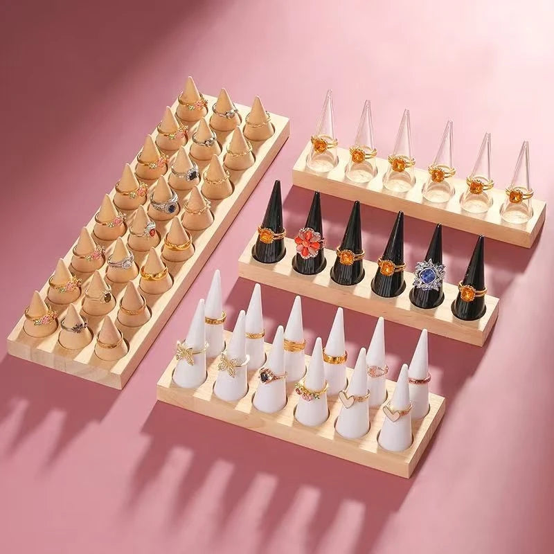 3 Rows  24 Slots Natural Wood Jewelry Wedding Rings Display Holder Show Rack With Cones