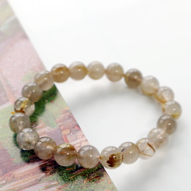 Round Beads Elastic Stretchable Bracelet Rutilated Quartz Crystal Genuine Natural for Men Women 8mm Golden Ball Gemstone Beads -