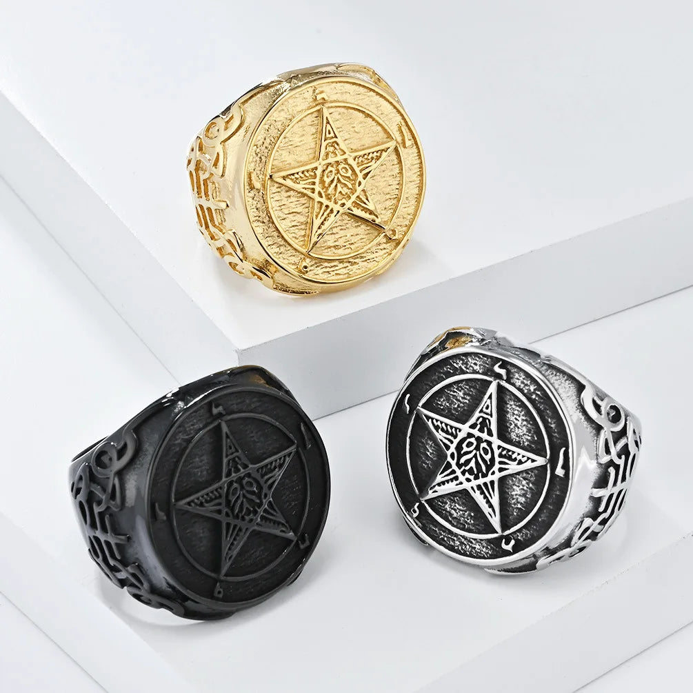 Factory Wholesale Stainless Steel Retro Fallen Angel Lucifer Dawn Star Pentagram Men's Rings