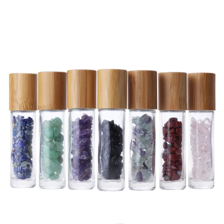 Stock 10ml Transparent Refilling Glass Essential Oil Roll on Bottle with Gemstone Roller Ball and Bamboo Lid