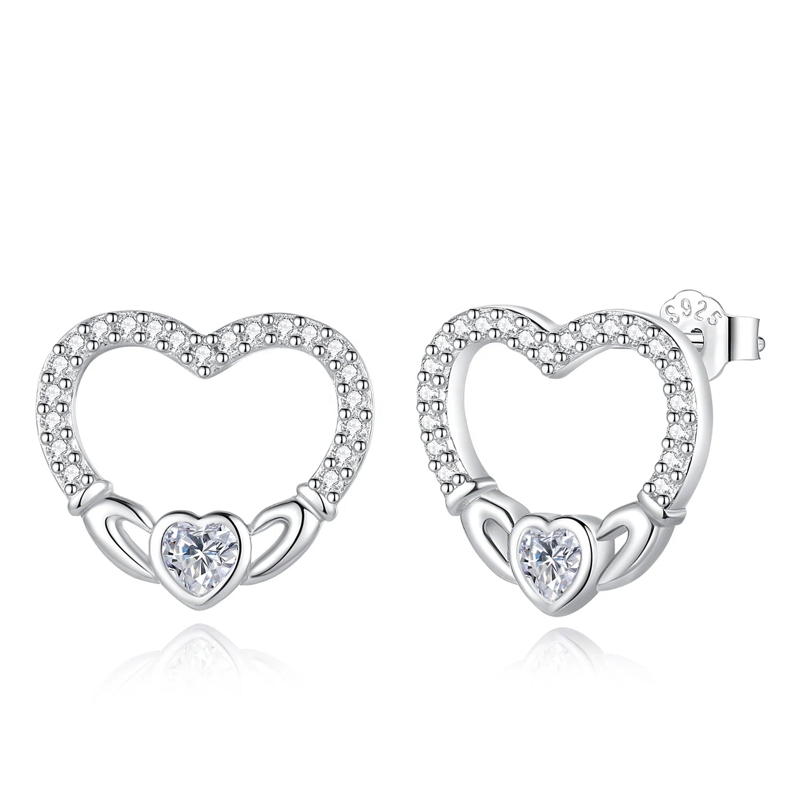 New Arrival Cubic Zirconia 925 Sterling Silver Jewelry Claddagh Love Heart Shape Stud Earrings for Women