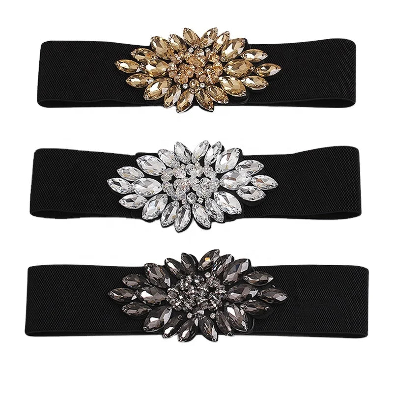 Women's Crystal Diamond Elastic Belt Versatile Floral Crystal Beads Wide Elastic Belt for Dress