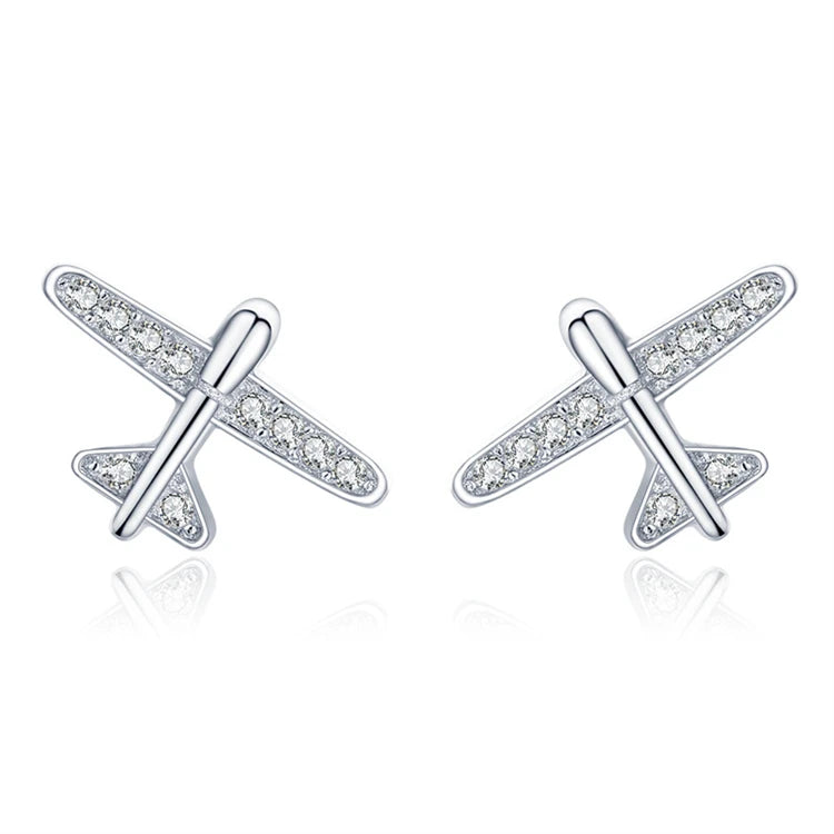 Fashion 925 sterling silver small airplane women lovely diamond stud earrings