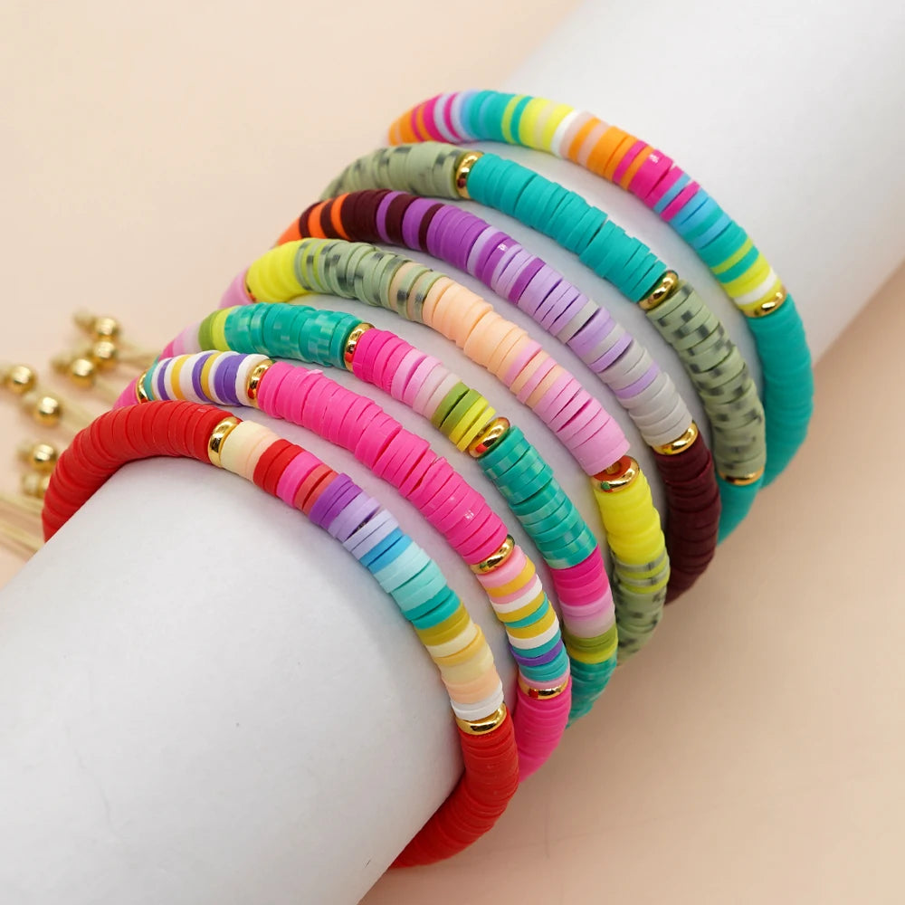 Go2boho Handmade Bohemian Summer Heishi Beaded Bracelet Colorful Geometric Pattern Drawstring Fashion Jewelry for Women for