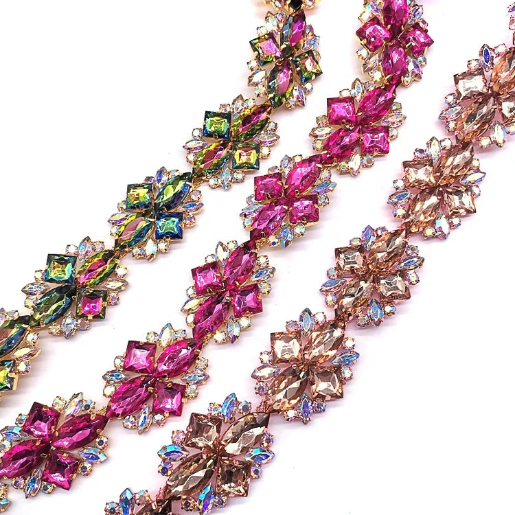 Bling Bling Sew on Decorative Trimming Rose Gold Crystal Flower Rhinestone Trim