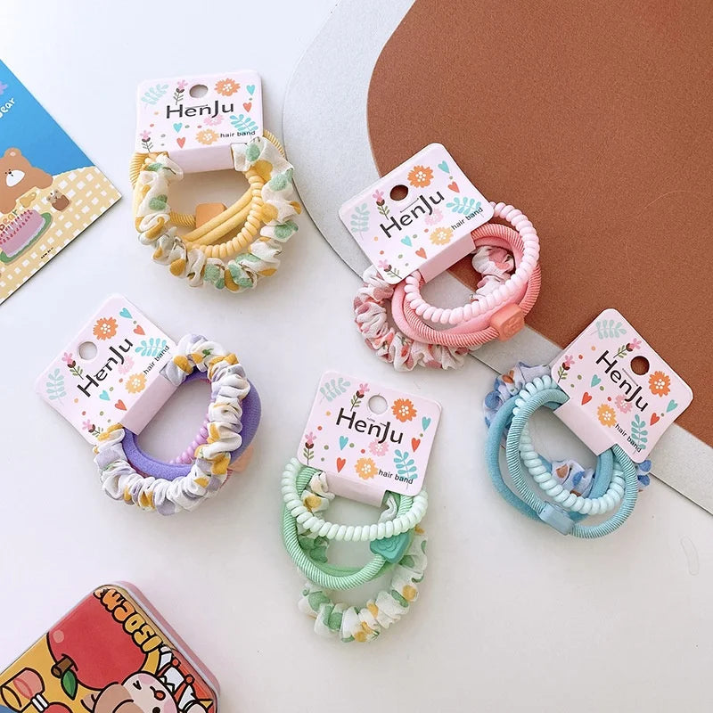 New Candy Color Mix Elegant Sweet Floral Fabric Hair Band Fashion Phone Line Hair Ring Band Set