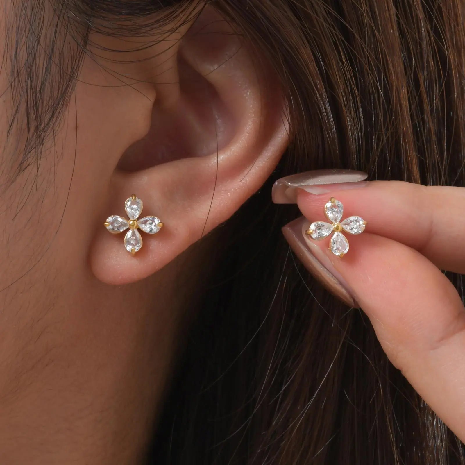 Mini Luxury Quality 18K Gold Plated Jewelry Flower Petals Zircon Stainless Steel Women Stud Earring