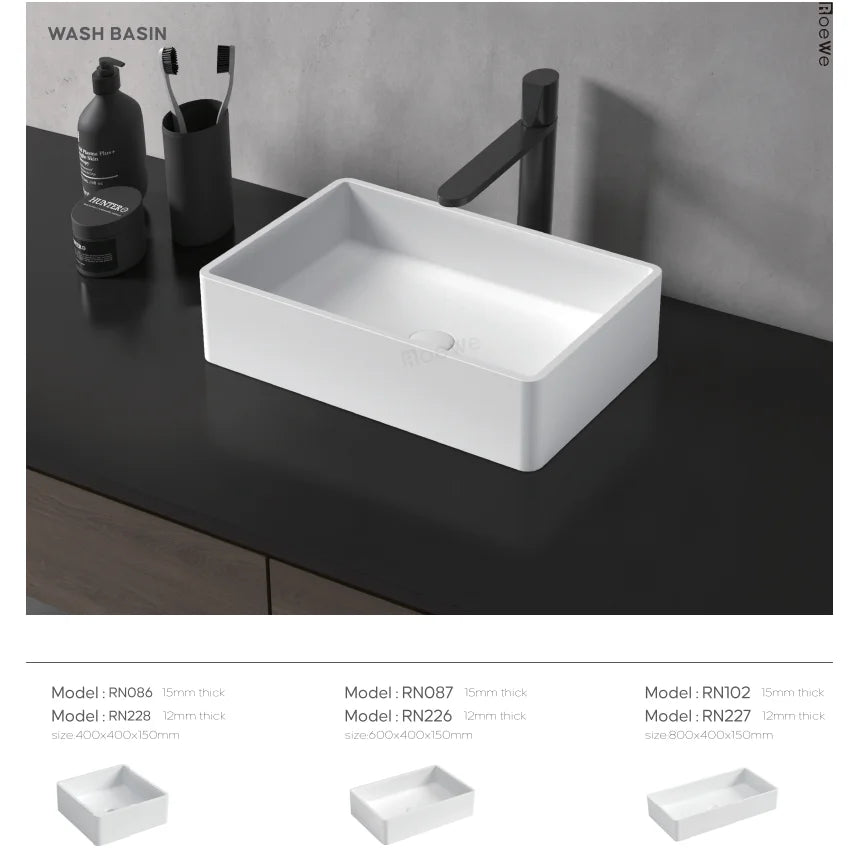 Rectangular Bathroom Basin Sink Matt Artificial Cast Stone Washbasin Countertop Solid Surface Hand Wash Basin