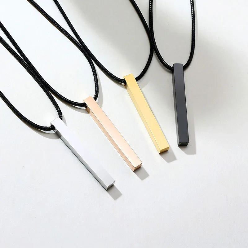 Engraving 3D Bar Cube Pendant Necklace Gold Plated Stainless Steel Geometric Plain Vertical Cuboid Stick Pendant Necklaces