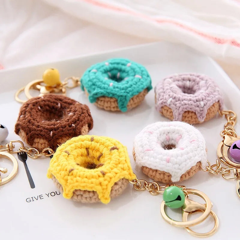 Embroidery Stitch Yarn Food Kawaii Cartoon Keychain Cute Donut Pig Handbag Bag Charm Accessories Woven Keyring Bell for
