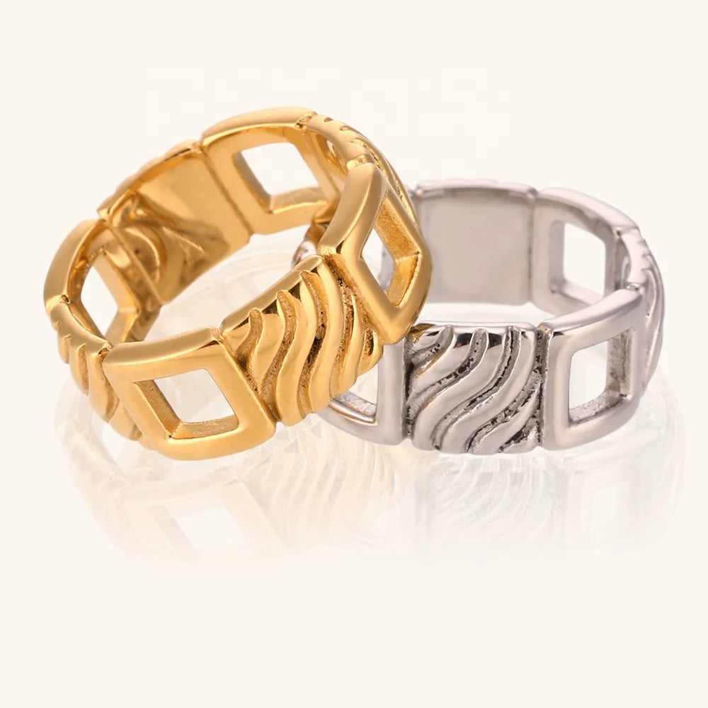 Dingran 2024 Bijoux Acier Inoxydable 18K Gold Plated Stainless Steel Vintage Hollow Out Square Rings for Women