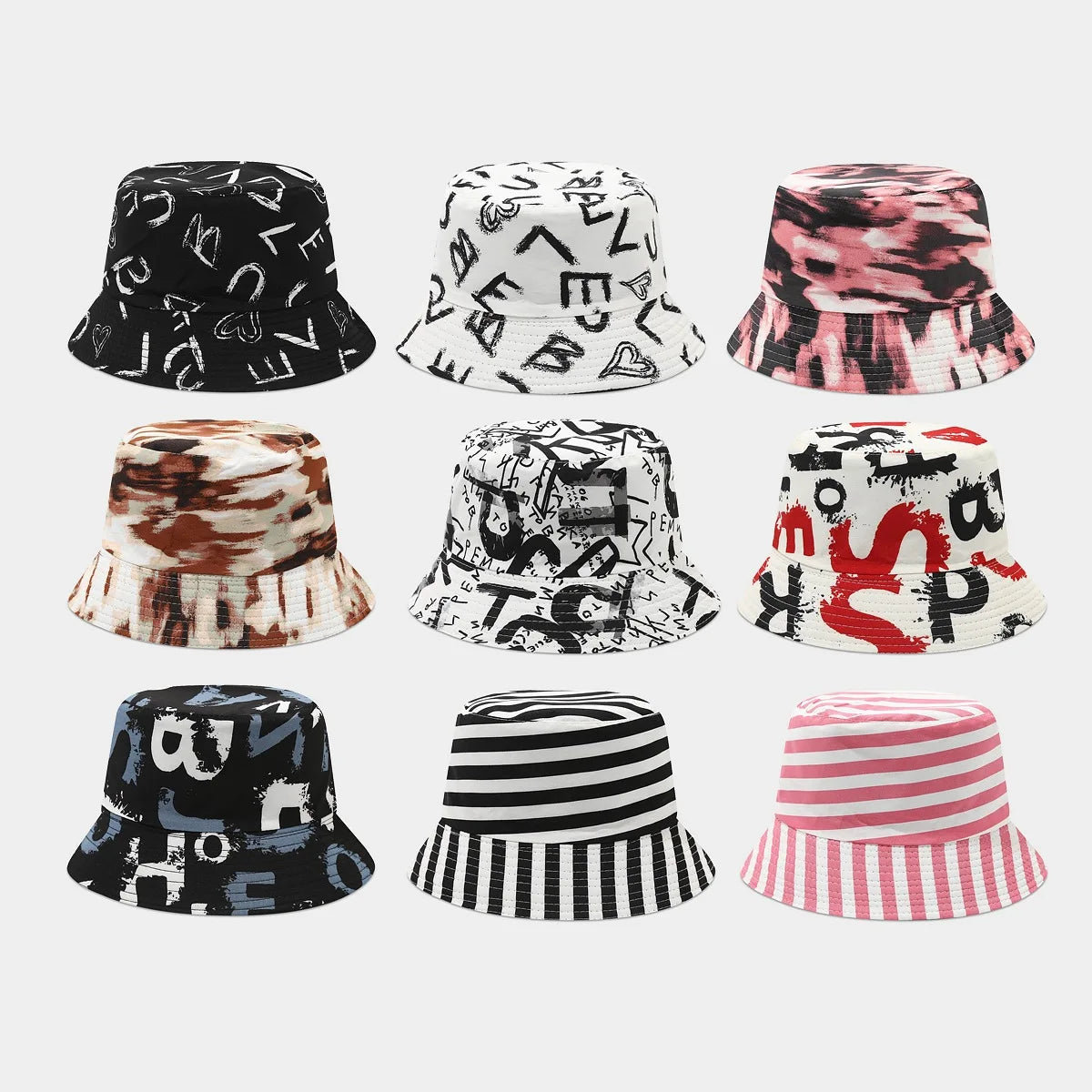 New Trendy Bucket Hat Graffiti Letter Printing Double-Sided Sun Hat Spring Summer Outdoor Casual Reversible Bucket Fishing Hat