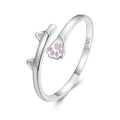 925 Sterling Silver Pink Cat Ears and Paw Opening Ring Cute Pet Simple Adjustable Ring for Women Birthday Gift BSR316