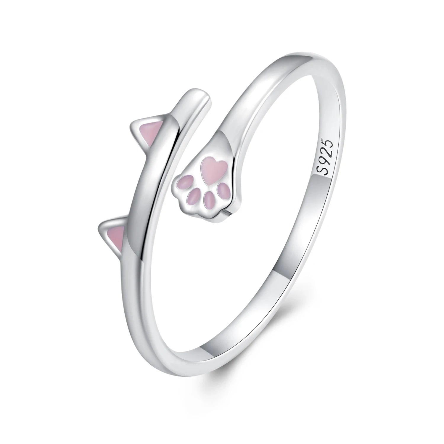 925 Sterling Silver Pink Cat Ears and Paw Opening Ring Cute Pet Simple Adjustable Ring for Women Birthday Gift BSR316