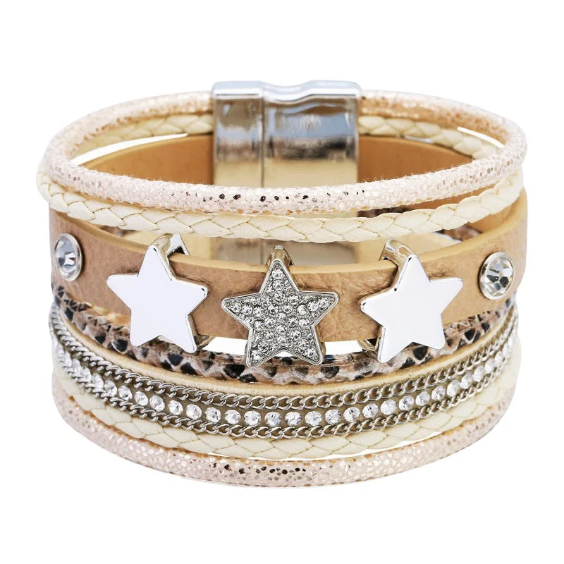 New Trendy Bracelet Crystal Star Wide Wrap Bangles Bohemia Retro Simple Multilayered Leather Braided Leather Cord Bracelet
