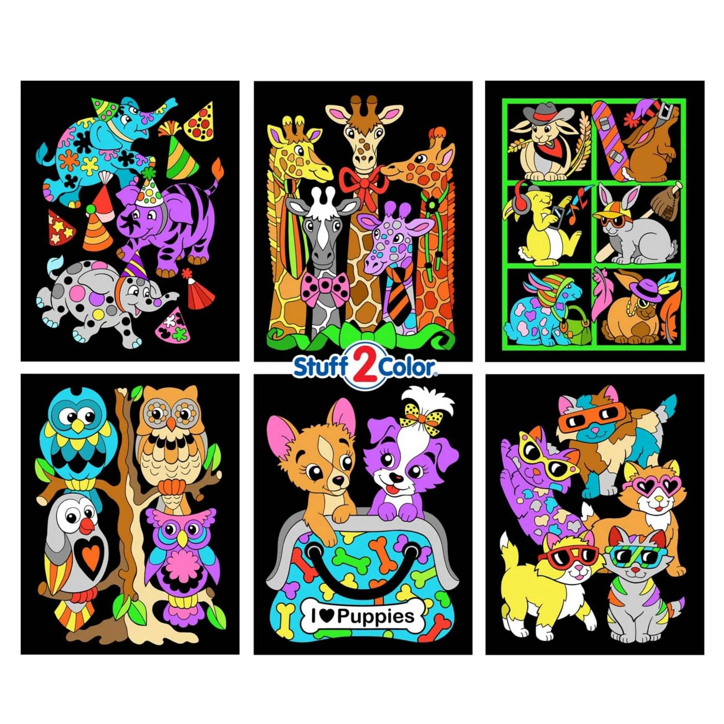 Puppy Theme Fuzzy Posters with Markers Train Imagination Cute Animals Edition Black Velvet Flocking Coloring Posters for Adults