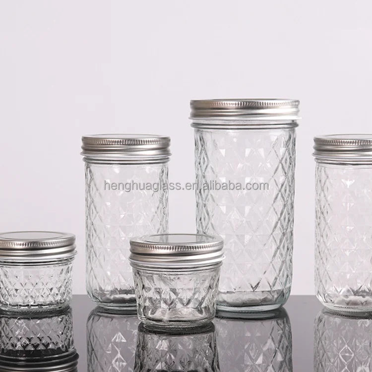 Round Wide Mouth Glass Mason Jars 120ml 200ml 250ml 350ml 450ml 650ml Embossing Food Jam Drink Container Jars With Metal Lid