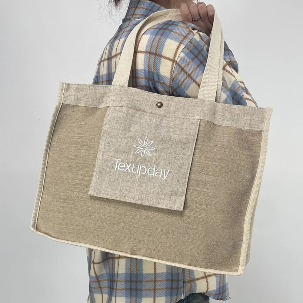 Wholesale Handle Custom Designer Waterproof Reusable Large Capacity Beach Burlap Jute Shopping Tote Bag With Logo