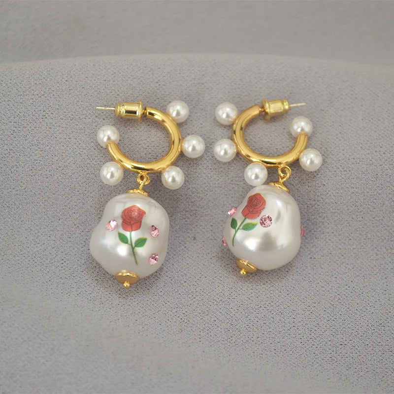 Vintage C Shape Hoop Earrings Print Cupid Love Smile Flower Earrings Pearl Earrings for Women