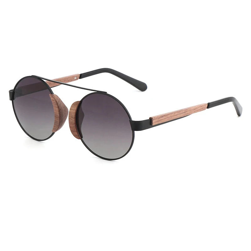 Designer Round Polarized Shades Wooden Handcrafted Blend of Metal Walnut Wood & Acetate Men Sunglasses