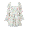 Custom Fashion Mini Chiffon Crepe Square Dress Long Sleeve Sexy Pretty Puff Pleated  Ladies Women  Floral Casual  Dress