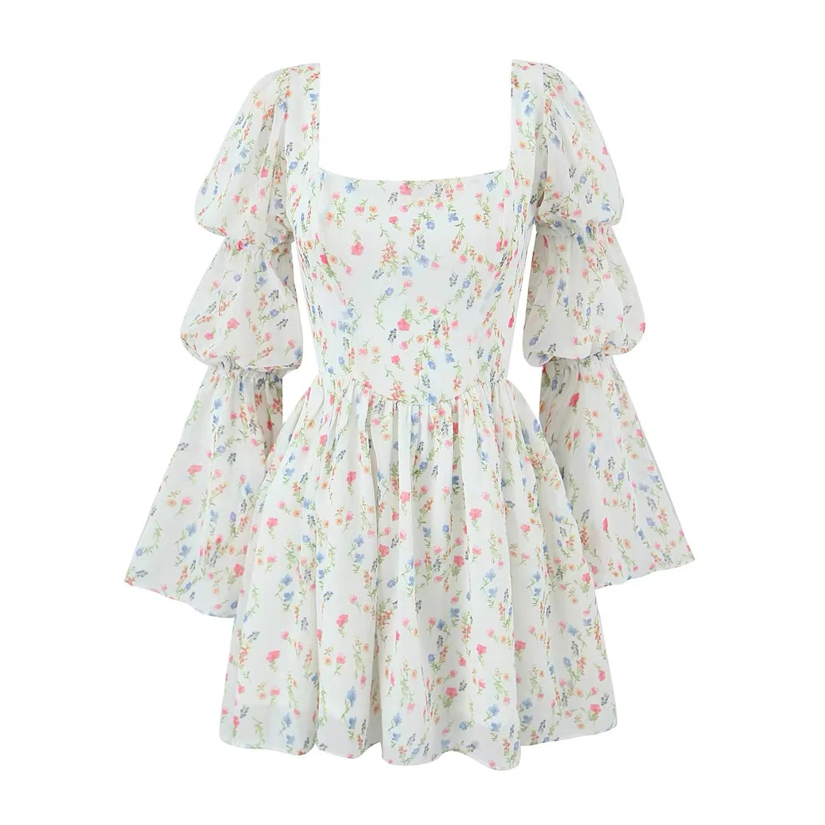 Custom Fashion Mini Chiffon Crepe Square Dress Long Sleeve Sexy Pretty Puff Pleated  Ladies Women  Floral Casual  Dress