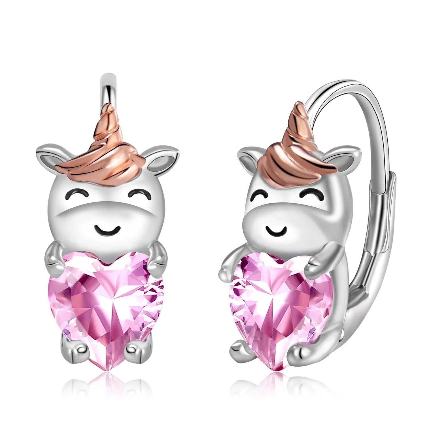 Fine Jewelry 925 Sterling Silver Hypoallergenic Cute Animal Unicorn Bull Heart Zircon Hoop Earrings