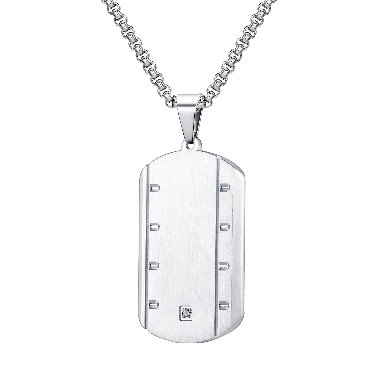 Alin Classic Trendy Silver Plated CZ Dogtag Pattern Pendant IPS Chain Necklace Stainless Steel Jewelry