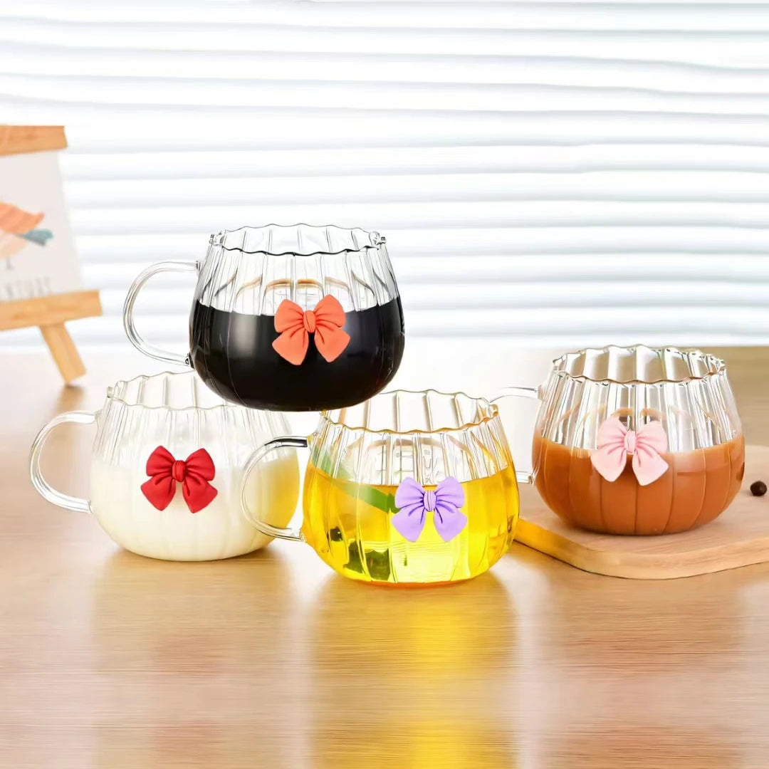 Heat Resistant Pumpkin Shape Striped Coffee Cups High Borosilicate Glass Mug Tumbler with Bow-knot Decoration