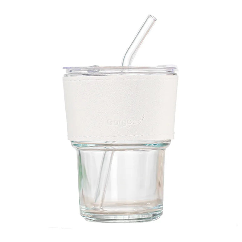 Creative Bamboo Cup Transparent Glass Straw Cup Portable Ins Feng Shui Cup with Lid