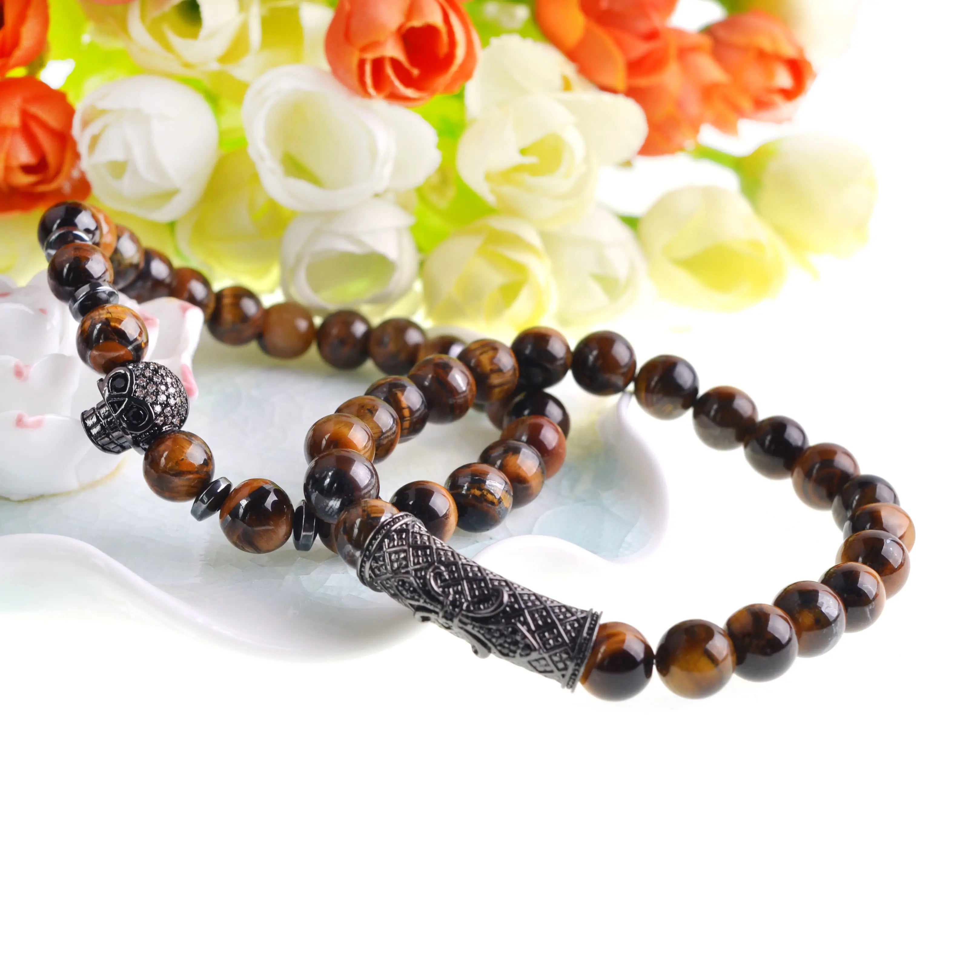 Fashion Bracelet Black Skull Men Bracelet Sets Black 8mm Tiger Eye Lava Stone Bead Bracelet for Men Luxury Jewelry Gift