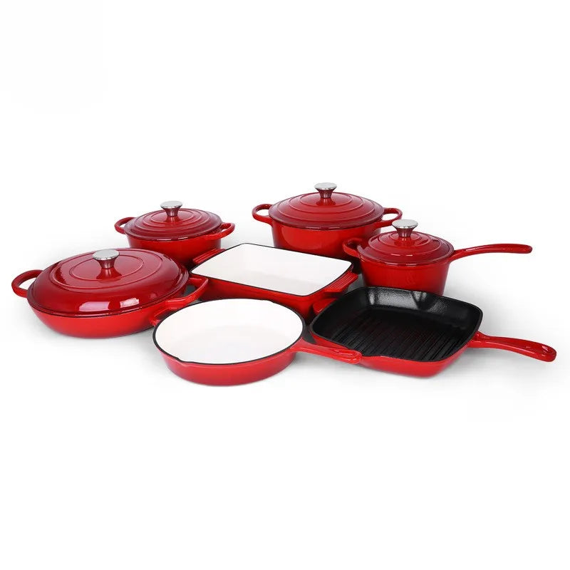 11pcs  Kitchen Cooking Tools Seafood Saucepan  Red Enameled Cast Iron Soup Pot Casserole With Lid