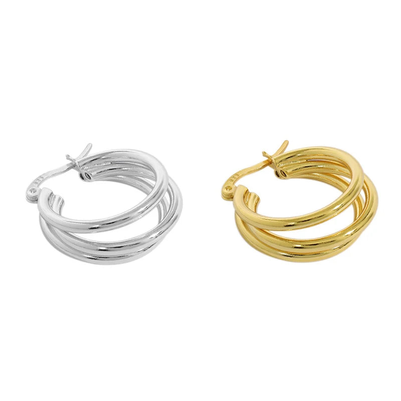 WuQie 2024 Women Gold Plated Three Layers Design Circle Hoop Earrings Fashion Silver Jewelry