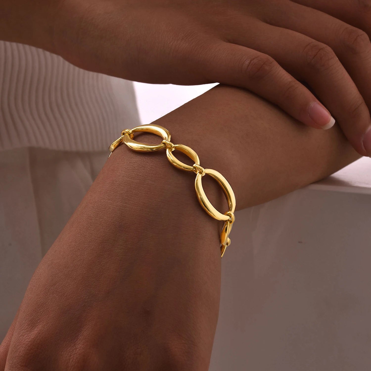 Fashion 18K PVD Gold Plated Stainless Steel Chunky Geometric Link & Chain Bracelet for Women Femme Jewelry
