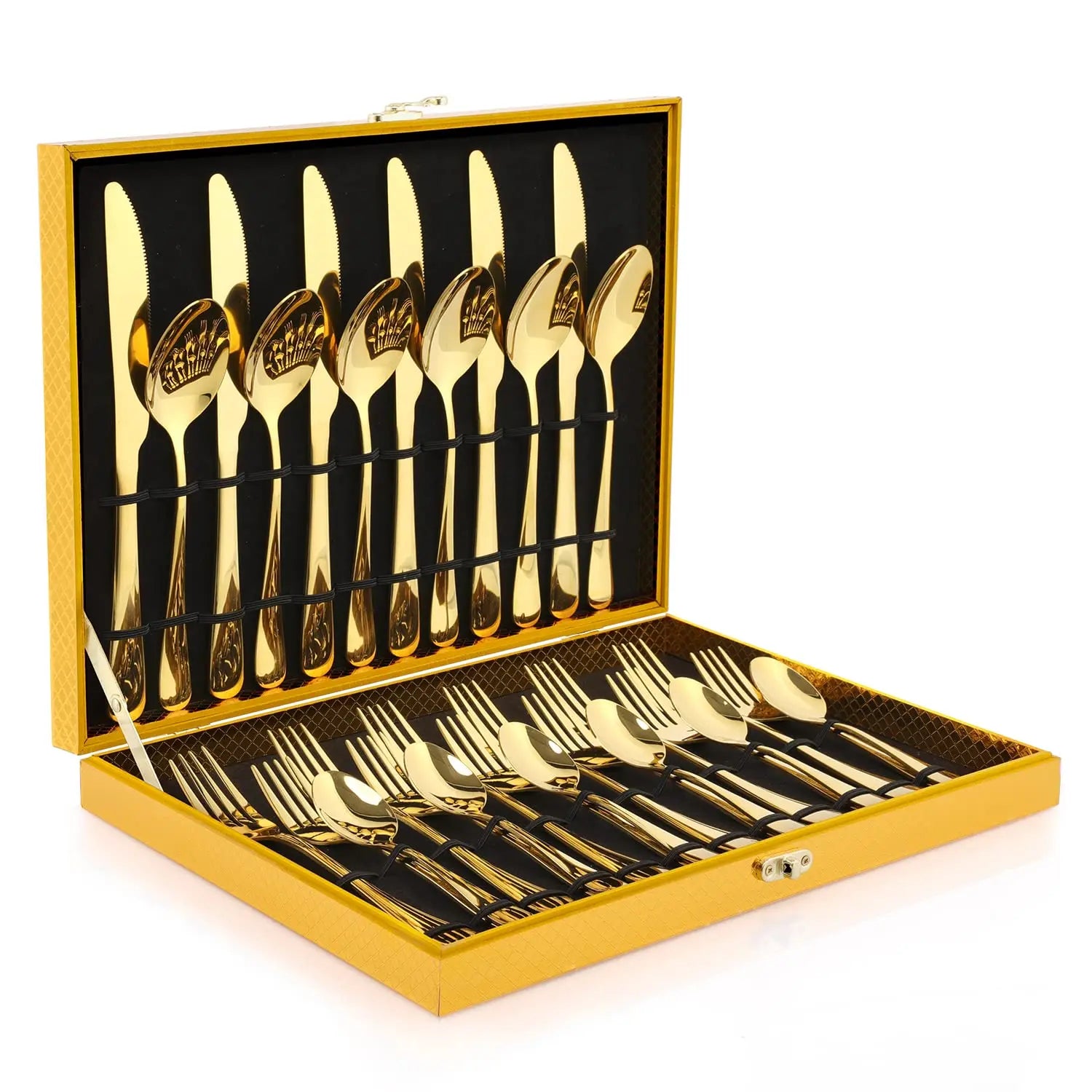 Wholesale 24-Piece Gold Flatware Set in Luxury Gift Case Modern Stainless Steel Cutlery for Hotel Restaurant & Wedding