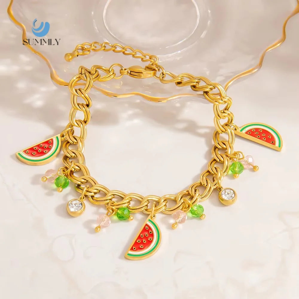 SUMMLY Trend Wholesale 18K Gold Plated Stainless Steel Double Layer Chain Bracelet Creative Watermelon Pendant Fashion Jewelry