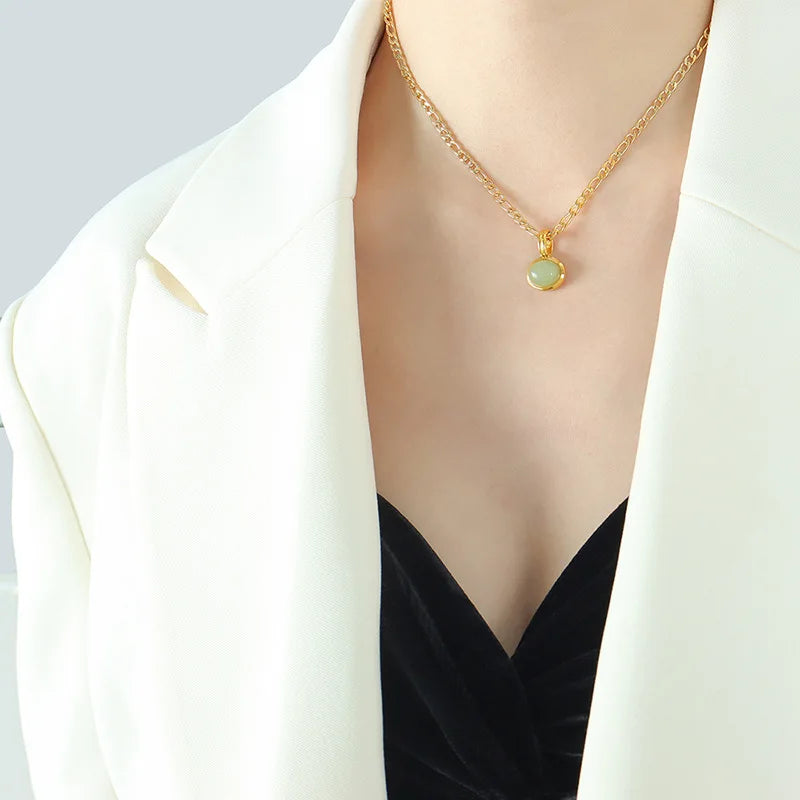 Tarnish Free Gold Plated Stainless Steel Jade Pendant Necklaces Titanium Steel Agate Pendant Necklaces
