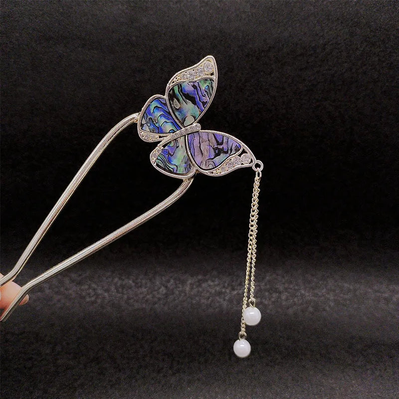 Chinese U-Shape Butterfly Hair Stick Women'S Antique Tassel Hairpin Ancient Girls Hair Bun Forks Chopsticks Vintage Hair Jewelry