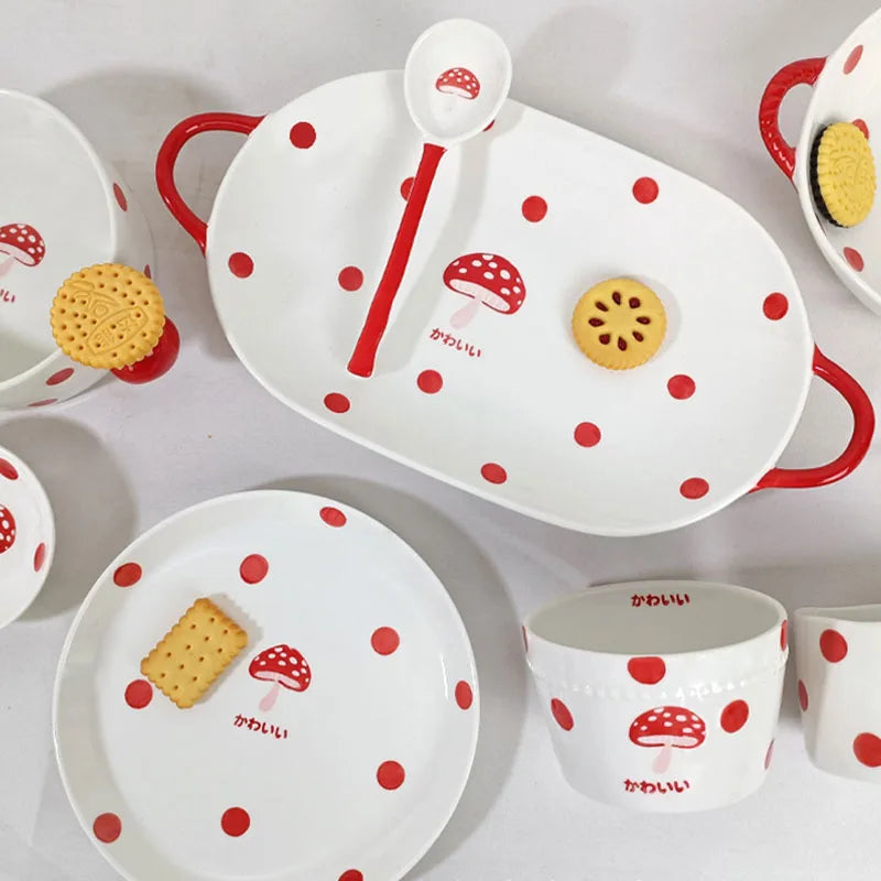Cartoon Mushroom Cutlery Creative Polka-dot Binaural Bowl Cute Girl Heart Ceramic Plate