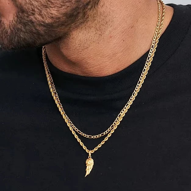 Fashion 20mm Wing Pendant Stainless Steel 18k Gold Layered Figaro Rope Chain Women Men Compass Cross Pendant Necklace Gift