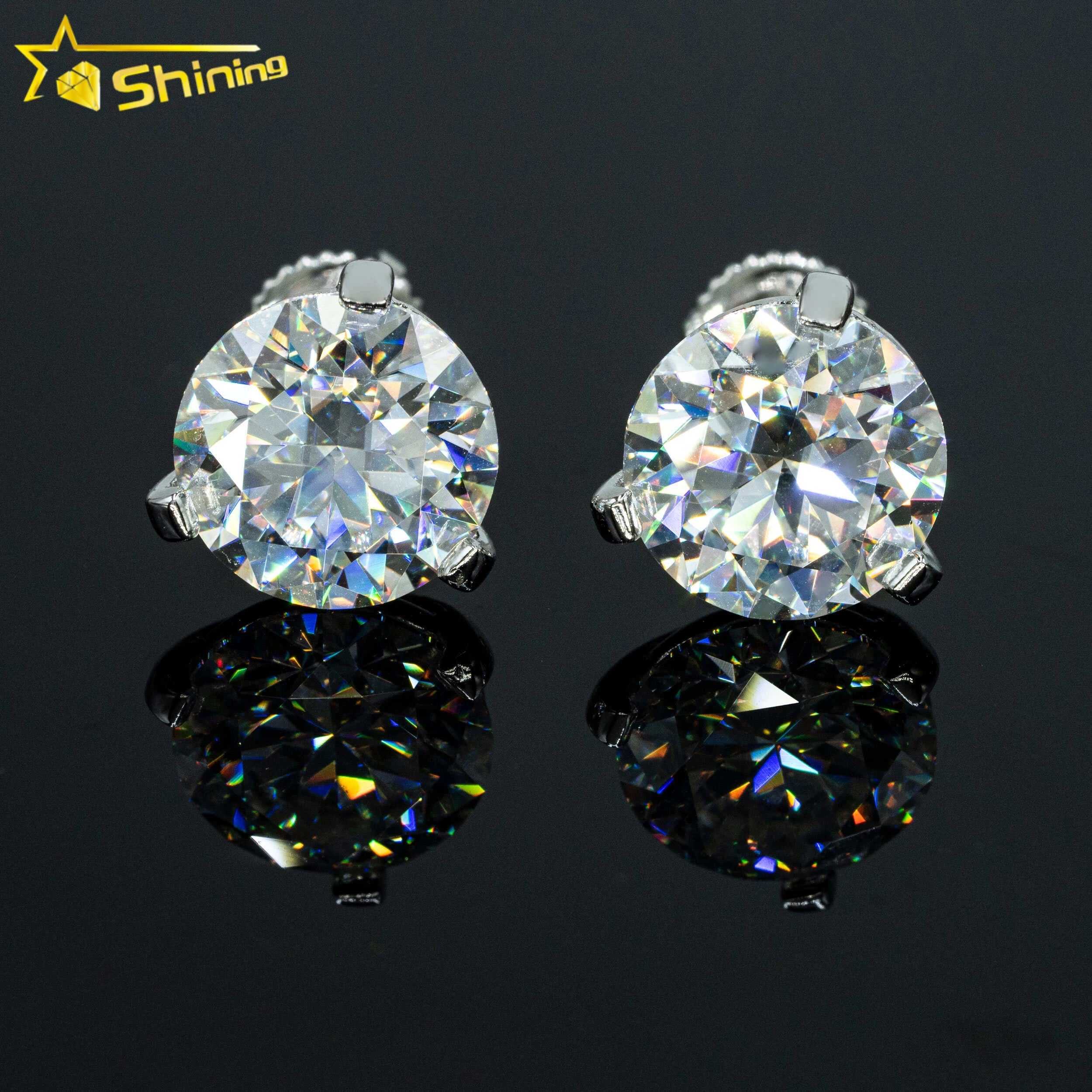 Luxury Stud Earrings 3 Prong Setting 8mm Vvs Diamond 925 Sterling Silver Screw Back Ear Stud for Men and Women