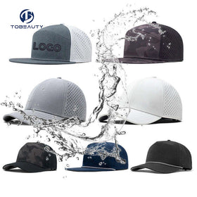 Waterproof Performance Flat Brim Trucker Baseball Cap Contrast for 5-6 Panel Dad Hat with Laser Hole Running Trucker Cap