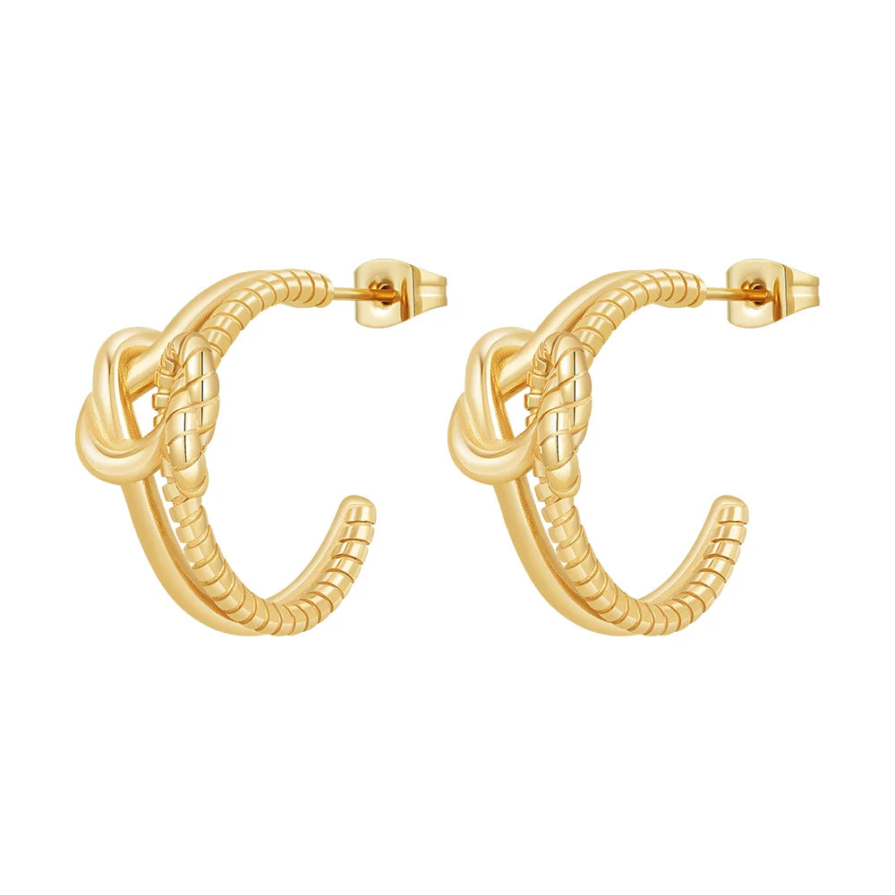 Latest 14K Gold Plated Stainless Steel Jewelry Knot Twisted C-shaped Hoop Earrings Waterproof for Women Gift Earrings E241531