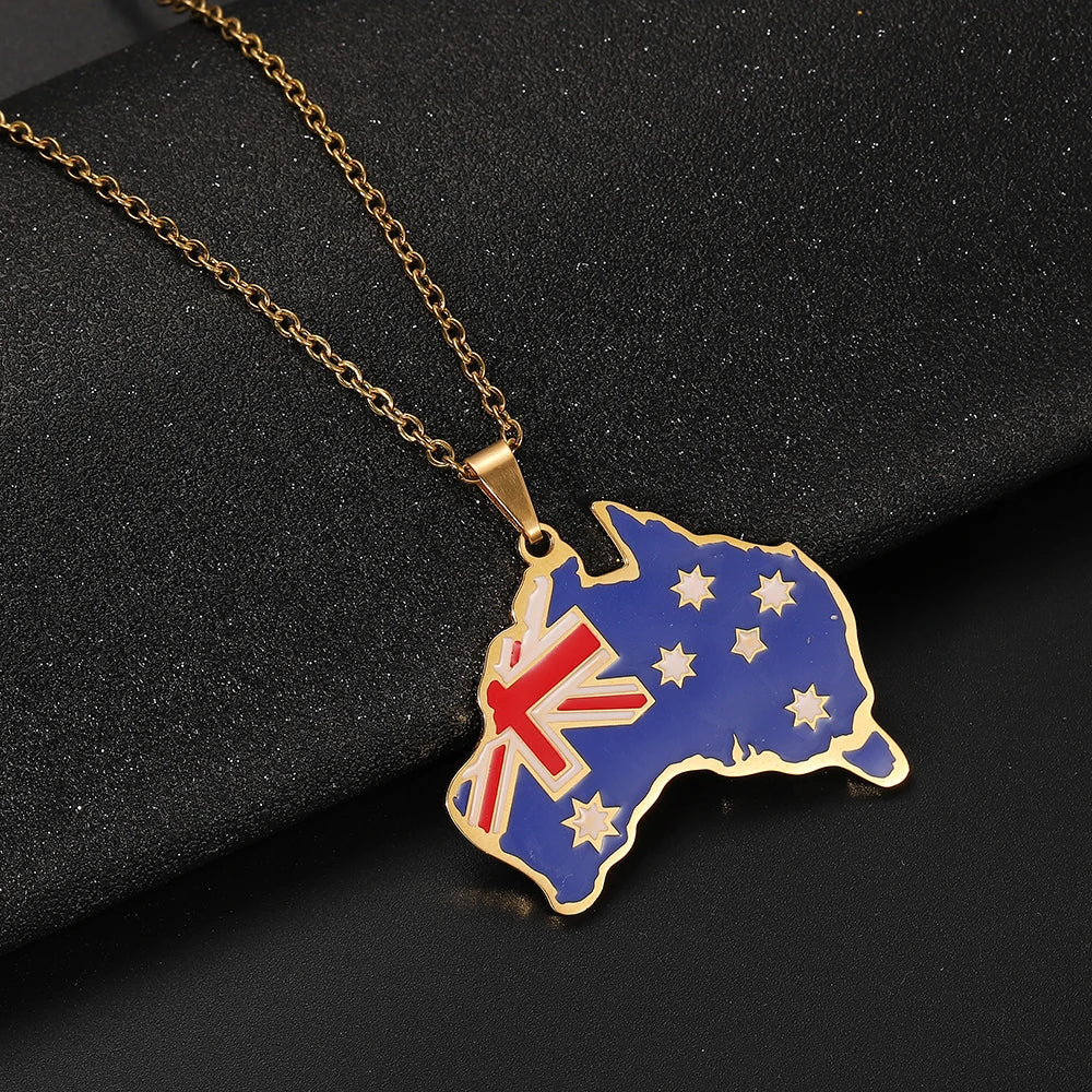 Stainless Steel Enamel Australia Map Pendant Necklace with Link Chain 18K Gold Silver Australian National Flag Charm Necklaces