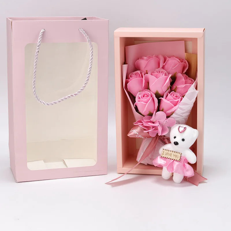 Cheapest 7 Rose Bouquet With Daisy Flowers Hand Made Soap Rose Flowers in Gift Box With Bear