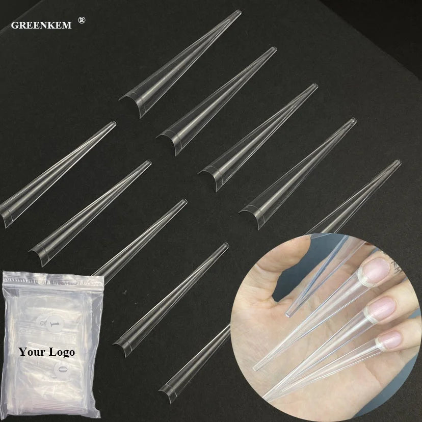 300Pcs Bag Customize Logo Nail Supplies New Design Clear Gel Nail Tips 4XL Half Cover Extremely Shape Stiletto Nail Tips