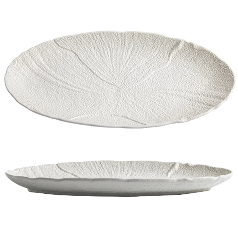 Ceramic Stone Grain Oval Fish Plate Bowl White Sustainable Japandi Style Tableware MegaBDM