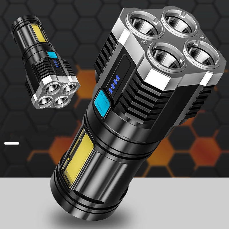 Hot Sale Outdoor Multifunctional USB Waterproof Super Bright Black 4 Core Cob Torch Led Rechargeable Flashlight